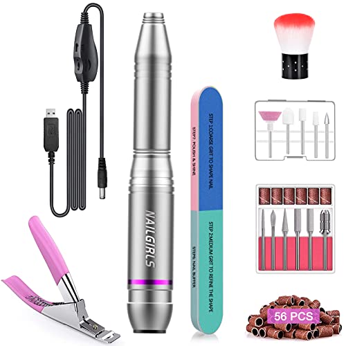 Nail Drill, NAILGIRLS Electric Nail Files, Electric Nail Drill Machine for Acrylic Nails, Portable USB 25000RPM Nail File Drill, Adjustable Speed