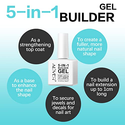 HUALIJIA 5 in 1 Nail Builder Gel, Builder Gel and Base Gel Strengthener Gel Clear Builder Gel Color in a Bottle 15ml Hard Gel Builder Extension N