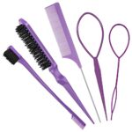 Fuyamp 5 In 1 Slick Brush Set Teasing Brush Set, Plastic Bristle Hair Brush Teasing Comb Edge Hair Brush Grooming Combs Sturdy Rat Tail Comb Doub