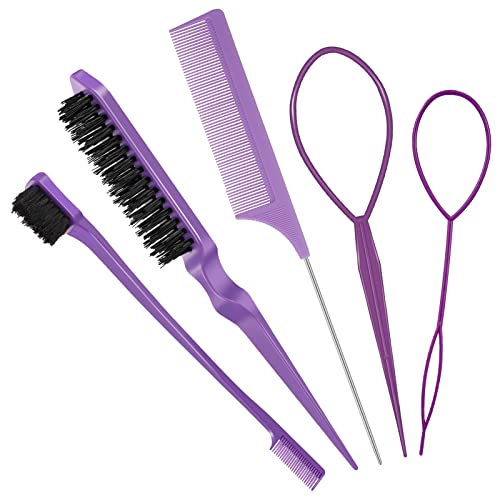 Fuyamp 5 In 1 Slick Brush Set Teasing Brush Set, Plastic Bristle Hair Brush Teasing Comb Edge Hair Brush Grooming Combs Sturdy Rat Tail Comb Doub