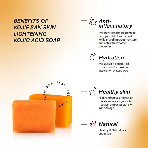 Kojie San Skin Lightening Kojic Acid Soap 3 Bars - 100g Fades Age Spots, Freckles, and Other Signs of Sun Damage and Heals Acne Blemishes and Era