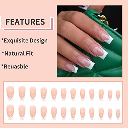 RUNRAYAY Medium Length French Tips Press on Nails with Designs, Nude White Acrylic Nails Press On, Stick on Nails for Women, Glue on Nails Fake N