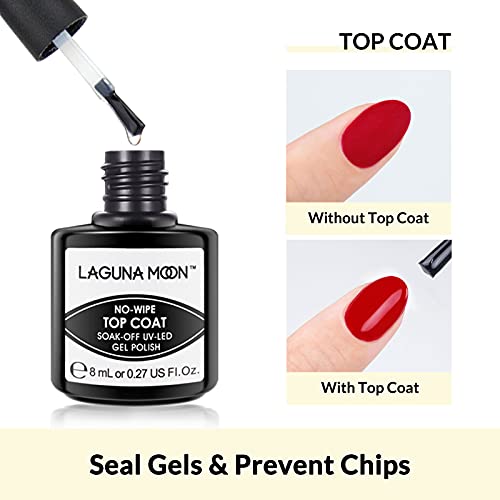 LagunaMoon Gel Nail Polish Base Coat and No Wipe Top Coat Gel Polish Set Soak Off UV LED Nail Varnish Lacquer Manicure Set 2 × 8ml