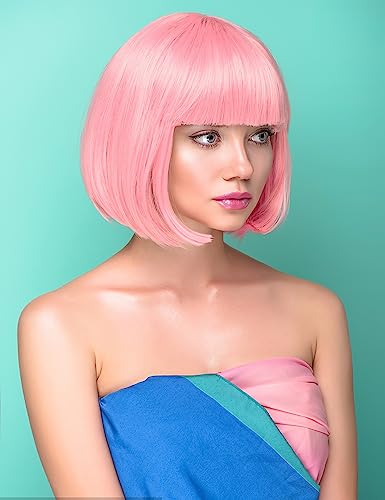 PLANTURECO Pink Wig and Party Sunglasses, Pink Wigs for Women, Pink Wig with Bangs, Light Pink Wig, Pink Bob Wig, Pink Cosplay Wigs and Party Wig