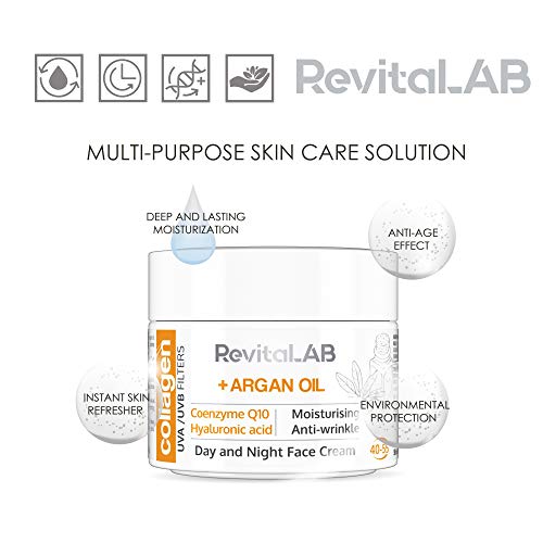 RevitaLAB Day and Night Collagen Anti-Ageing Moisturiser, Enriched with Hyaluronic Acid, Q10, Argan Oil and a UVA/UVB Filter, for Ages 40 – 55, 5