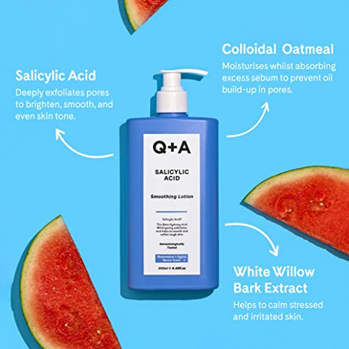 Q+A Salicylic Acid Smoothing Lotion for Effective Targeted Body Care, a BHA that exfoliates the skin, combats 'backne' and unwanted texture, prom