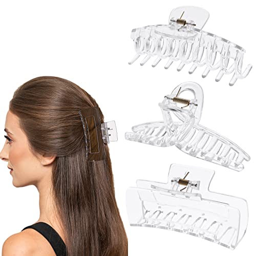 Lusofie 3Pcs Clear Claw Clip Plastic Large Claw Clips for Thick Hair Strong Holding Teeth Interlocking Banana Hair Clips Jumbo Jaw Clips for Wome
