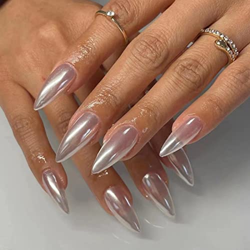JUSTOTRY 24 Pcs Nude Short False Nails Almond,Gradient Pink Press on Nails Pattern,Glossy Fake Nails Short with Nail Glue,Oval Stick on Nails for
