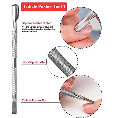 Cuticle Pusher Tool Kit, 2 Pack Stainless Steel Nail Cuticle Cleaner Tool Dual Head UV Gel Nail Polish Remover Tool Nail Art Cuticle Trimmer for