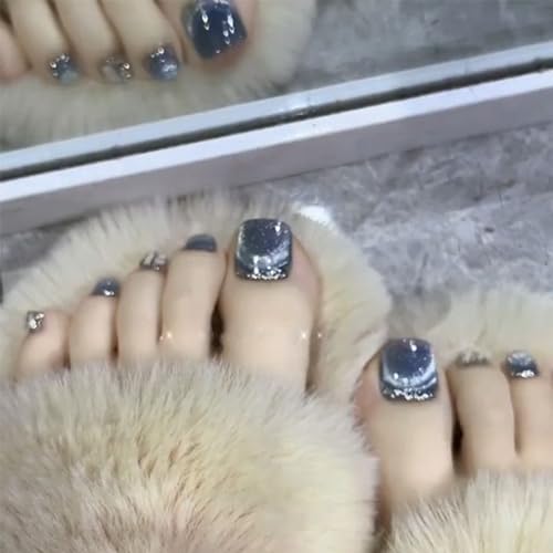 Glitter French False Toenails, Acrylic Press on Toe Nails, White Fake Toe Nails with Glue Sticker Stick on Nails for Toe for Women and Girls Fash