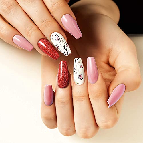 Ballerina Nails Long False Nails Coffin Fake Nails Full Cover Length 100 Pieces Artificial Fingernails Tip with Case for Nail Salons and DIY Nail