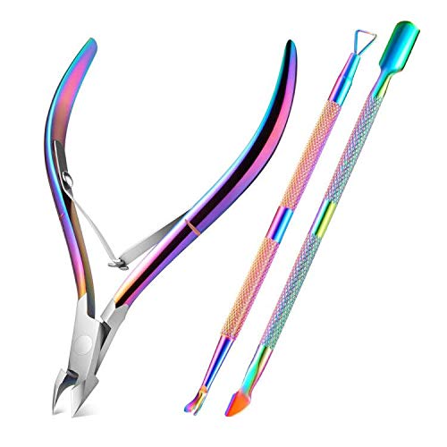 Cuticle Nippers with Cuticle Pusher -Stainless Steel Chameleon Cuticle Cutter Cuticle Clippers Scissors Cuticle Remover for Manicure and Pedicure