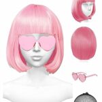 PLANTURECO Pink Wig and Party Sunglasses, Pink Wigs for Women, Pink Wig with Bangs, Light Pink Wig, Pink Bob Wig, Pink Cosplay Wigs and Party Wig