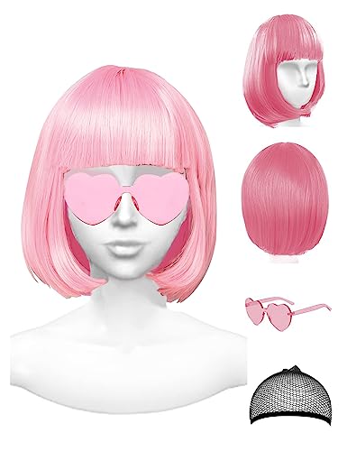 PLANTURECO Pink Wig and Party Sunglasses, Pink Wigs for Women, Pink Wig with Bangs, Light Pink Wig, Pink Bob Wig, Pink Cosplay Wigs and Party Wig