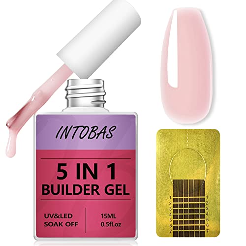 INTOBAS Gel Nail Builder Kit, 5 in 1 Builder Gel in a Bottle 15ml with Nail Forms 100 Pcs, Extension Gel Nail Polish Nude Pink, Strengthening Gel