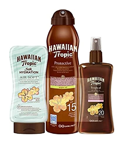 Hawaiian Tropic - Tanning Sun Oil Pack - Includes Protective Dry Oil Continuous Spray with Argan SPF 15, 180ml + Protective Dry Oil Spray SPF 20,
