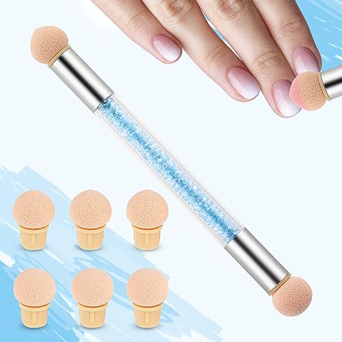 Nail Art Gradient Sponge Brush Applicator with 8Pcs Washable Replacement Sponge Head, Nail Tips Ombre Nails Sponge Brush for UV Gel and False Nai