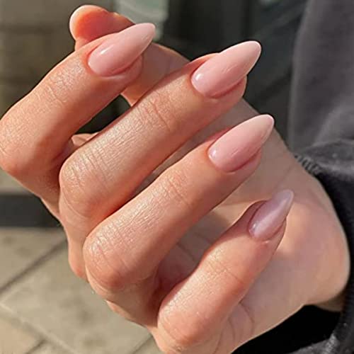 JUSTOTRY 24 Pcs Nude Short False Nails Almond,Gradient Pink Press on Nails Pattern,Glossy Fake Nails Short with Nail Glue,Oval Stick on Nails for