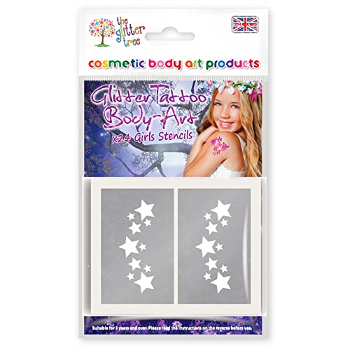 Girls themed glitter tattoo stencils - Ideal for all types of temporary body art - Pack of 24 x 12 Unique designs in each pack. Perfect for birth