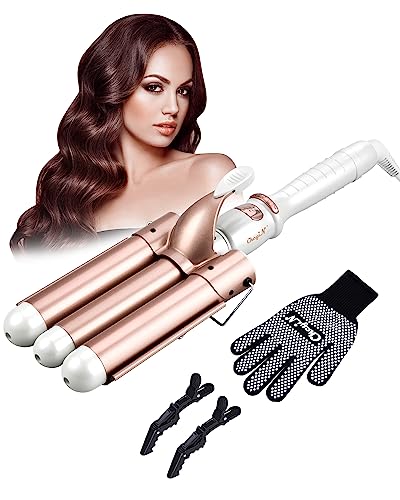 CkeyiN 3 Barrel Hair Waver, 32mm Mermaid Waver with LCD Display 16 Temperature, 30s PTC Fast Heating Waver Curling Wand for Long Short Hair, Prof
