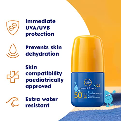 NIVEA SUN Kids Moisturising Sun Lotion SPF50+ (200 ml), Moisturising Suncream with SPF50+ & SUN Kids Protect & Care Caring Roll-On (50 ml) Sunscr