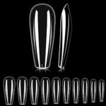 500PCS Ballerina Fake Nails Long Coffin Artificial Nails Acrylic Nails for Nail Art Decal Full Cover Nail Tips 10 Size Transparent Fake Nails