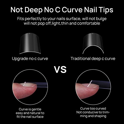 JUSTOTRY 700 Pcs No C Curve Clear Nail Tips No Glue, Extra Long Square Nails Tip Set, XXL Full Cover Fake Nails Tips for Women,Acrylic Straight F