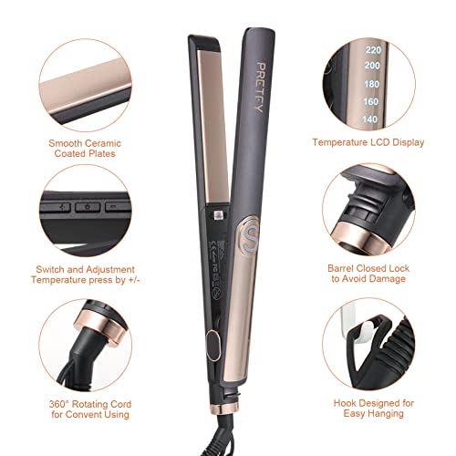 Pretfy Hair Straighteners, Hair Straighteners & Curlers in One with 140℃- 220℃ Adjustable Temperature, Straightener with Ceramic Thin Floating Pl