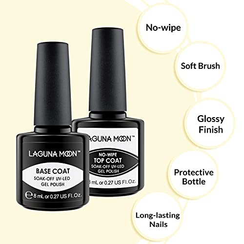 LagunaMoon Gel Nail Polish Base Coat and No Wipe Top Coat Gel Polish Set Soak Off UV LED Nail Varnish Lacquer Manicure Set 2 × 8ml