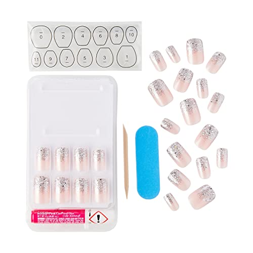 KISS Gel Fantasy Collection Glue-On Manicure Kit, Fanciful, Medium Length Square Fake Nails Includes 24 False Nails, Nail Glue, Nail File, and Ma