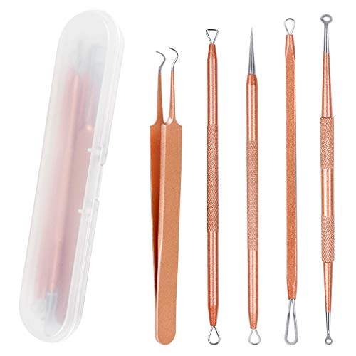 Blackhead Remover Tool 5 Pcs Blackhead Cleaner Tweezers Kit, Professional Extractor Tweezers Kit Pimple Popper for Facial Care with Case (rose go