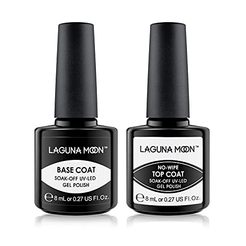 LagunaMoon Gel Nail Polish Base Coat and No Wipe Top Coat Gel Polish Set Soak Off UV LED Nail Varnish Lacquer Manicure Set 2 × 8ml