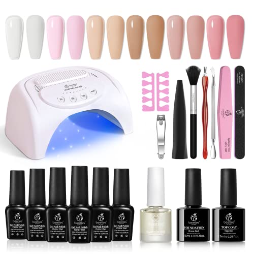 Beetles Gel Nail Polishes Starter Kit, 6 Colors Nail Salon Set with 48W Nail Lamp, Pink Valentines Decorations French White Glitter Pink Nude Gel