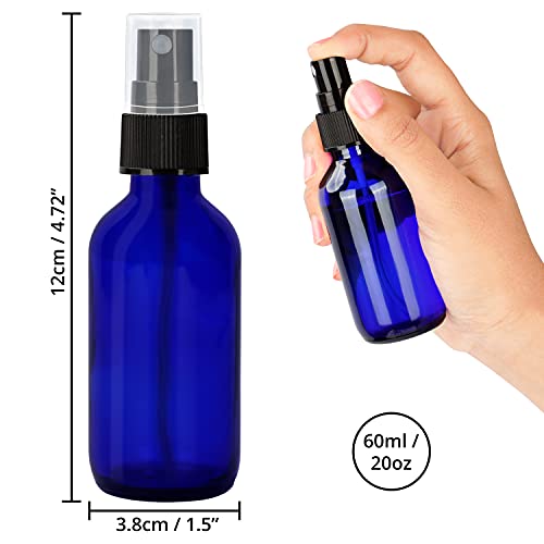 Belle Vous Glass Blue Spray Bottles (12 Pack) - 60ml / 20oz - Empty Fine Mist Bottle Sprayer - Refillable Cobalt Bottles for Essential Oils, Clea