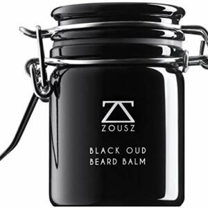 ZOUSZ Black Oud Premium Beard Balm - Classic Oud Wood Scented Beard Grooming and Skincare Butter for Men - Natural Avocado, Argan, Macadamia Oils