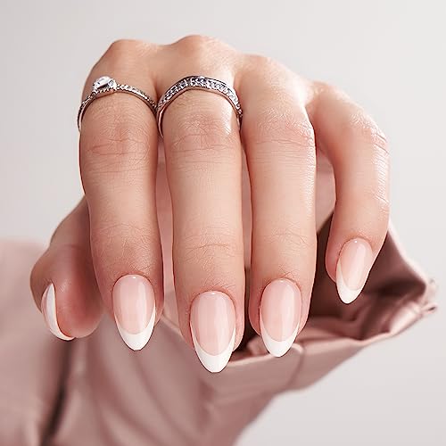 French Tip Short False Nails - BTArtbox Almond Press on Nails with Glue, 30Pcs Soft Gel Fake Nails in 15 Sizes, Reusable Semi-Transparent Stick o