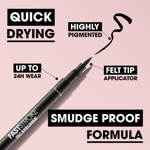 Collection Cosmetics Fast Stroke Felt Tip Eyeliner with Fine Tip, Long Lasting 24h, Quick Drying Formula, 4ml, Black