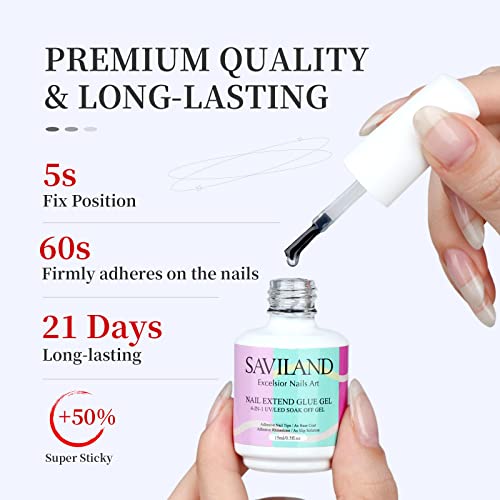 Saviland 15ML Gel Nail Glue - 4 In 1 Extra Strong Nail Glue Gel for Long Lasting Acrylic Nail Tips, Brush on Nail Glue for Broken Nail Extension