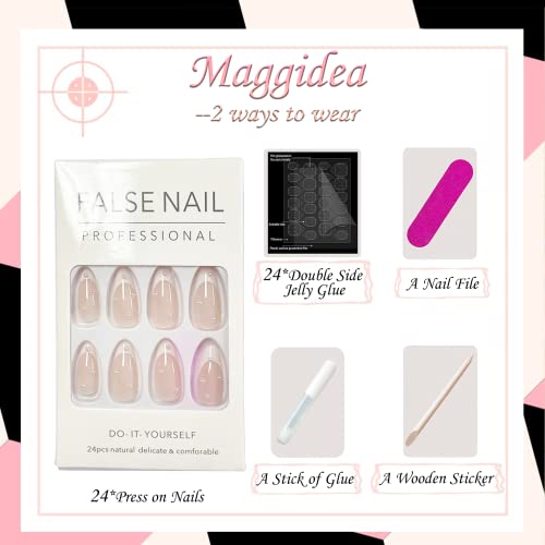 French False Nails, Press on Nails Medium Length, Acrylic White Tip Pearl Stick on Nails, 24pcs Almond False Nails with Glue Elegant Ballerina Fa