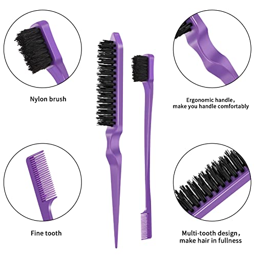 Fuyamp 5 In 1 Slick Brush Set Teasing Brush Set, Plastic Bristle Hair Brush Teasing Comb Edge Hair Brush Grooming Combs Sturdy Rat Tail Comb Doub