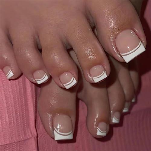 Glitter French False Toenails, Acrylic Press on Toe Nails, White Fake Toe Nails with Glue Sticker Stick on Nails for Toe for Women and Girls Fash