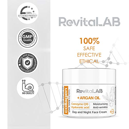 RevitaLAB Day and Night Collagen Anti-Ageing Moisturiser, Enriched with Hyaluronic Acid, Q10, Argan Oil and a UVA/UVB Filter, for Ages 40 – 55, 5