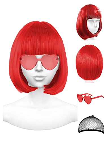PLANTURECO Pink Wig and Party Sunglasses, Pink Wigs for Women, Pink Wig with Bangs, Light Pink Wig, Pink Bob Wig, Pink Cosplay Wigs and Party Wig