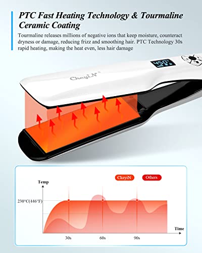 CkeyiN Hair Straightener Wide Plates, 1.8 inch Tourmaline Ceramic Flat Iron with 12-Speed Temperature LED Display, Dual Voltage 30s PTC Fast Heat