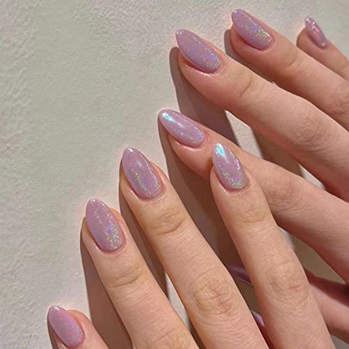 JUSTOTRY 24 Pcs Nude Short False Nails Almond,Gradient Pink Press on Nails Pattern,Glossy Fake Nails Short with Nail Glue,Oval Stick on Nails for