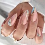 Vatocu Almond French False Nails Short Pink Blue Fake Nails Glitter Gold Lines Acrylic Stick on Nails for Women and Girls (24pcs） (French 1)