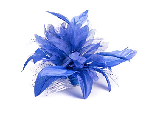 Feather Comb Fascinator for Women Wedding Ascot Races Christening Hair Piece (Royal Blue)