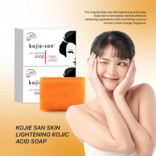 Kojie San Skin Lightening Kojic Acid Soap 3 Bars - 100g Fades Age Spots, Freckles, and Other Signs of Sun Damage and Heals Acne Blemishes and Era