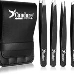 Candure Tweezers for Eyebrows - Professional Stainless Steel Slanted and Pointed Tip Hair tweezers Set for Ingrown Hair, Blackhead Removal, Eyela