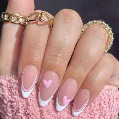 False Nails Medium Length, Acrylic French Stick on Nails, 24pcs Almond Pink Press On Nails with Glue Elegant Ballet Heart Design Sweet Fake Nails